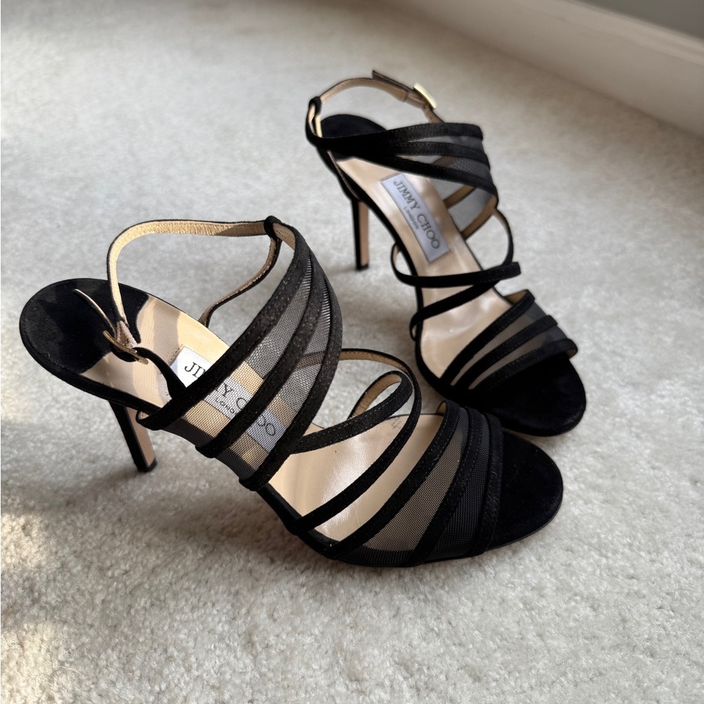 SOLD Jimmy Choo Vora Suede And Mesh Black Strappy Sandals Size 38 New In Box - Picture 4 of 8